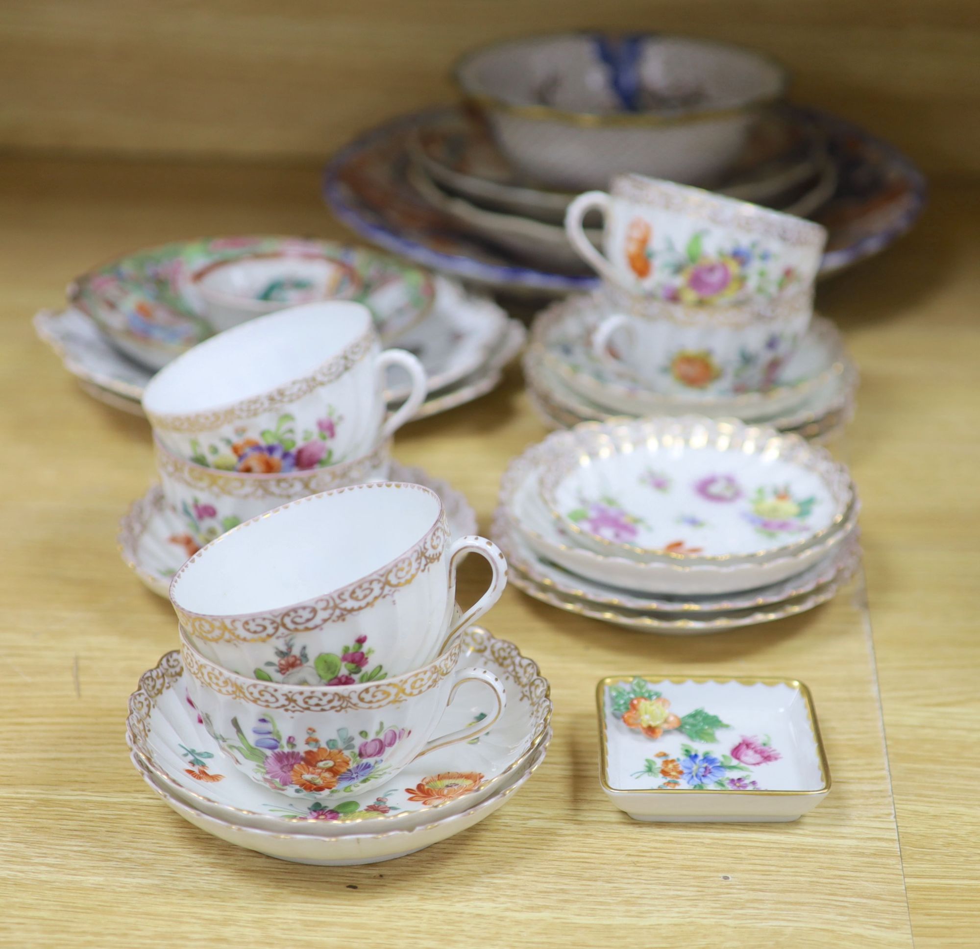 A group of Dresden tea wares and plates, a cloisonne enamel bowl , Cantonese and Imari dishes etc.